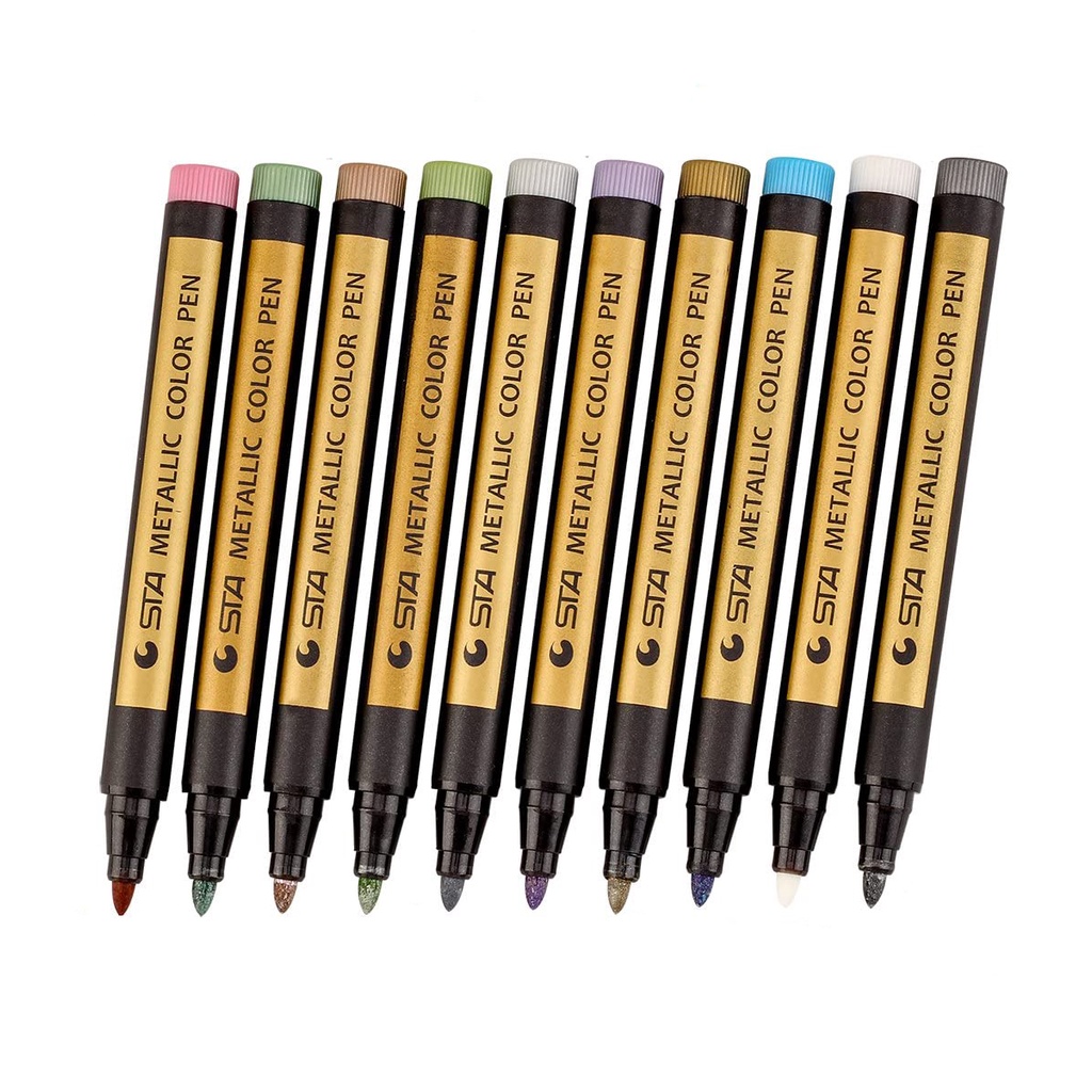 STA 10支彩色金屬水性馬克筆套裝 黑卡油漆高光筆 硬頭 DIY相冊專用筆 學生 塗鴉 彩色金屬筆標記筆