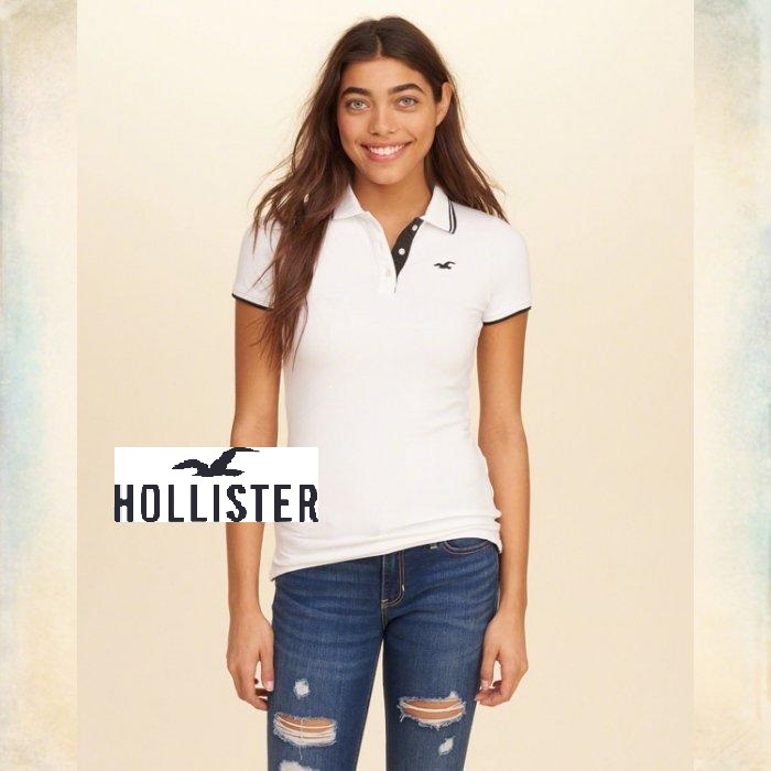 A&amp;F副牌Hollister真品Stretch Tipped Icon Polo海鷗滾邊POLO衫白