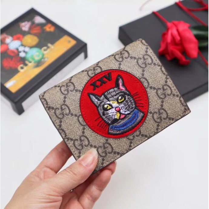 二手正品gucci古馳刺繡mystic Cat神秘貓圖案女士時尚按扣卡片夾 9f28g 9753 蝦皮購物