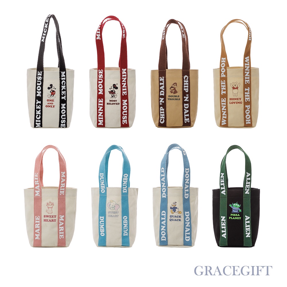 [Grace Gift] 迪士尼米奇/米妮/瑪莉貓/維尼/三眼怪/唐老鴨/小飛象/奇奇蒂蒂款帆布飲料提袋