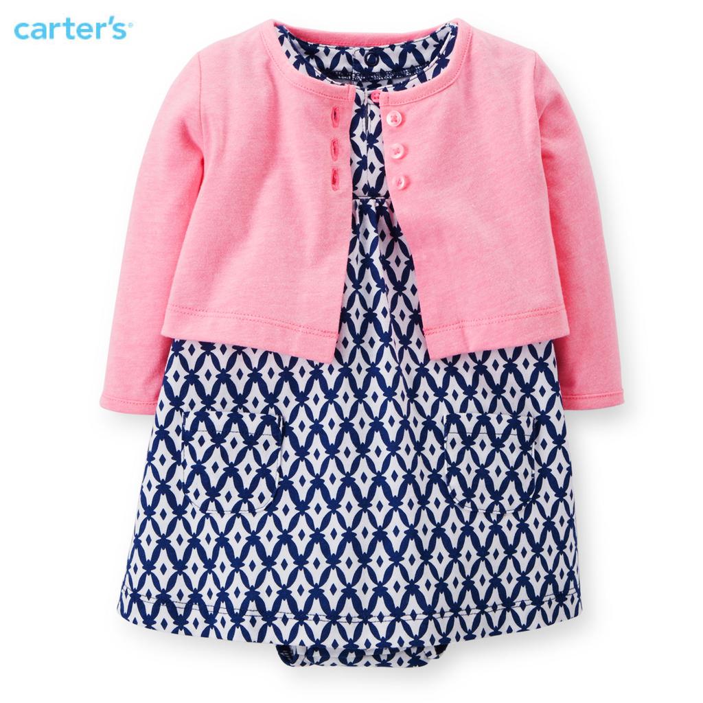 美國Carter's正品 女寶寶藍色菱紋洋裝+粉紅小外套二件組18M
