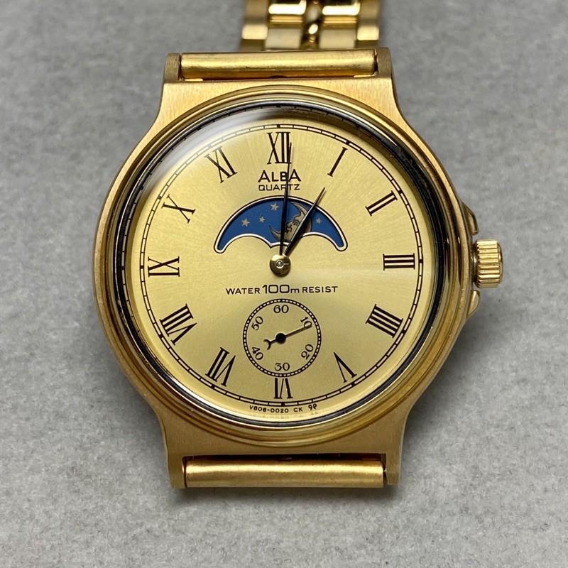 「福利品」seiko精工 雅柏表 ALBA 老款 古董 復古 小秒針 鍍金 月相 中性石英錶