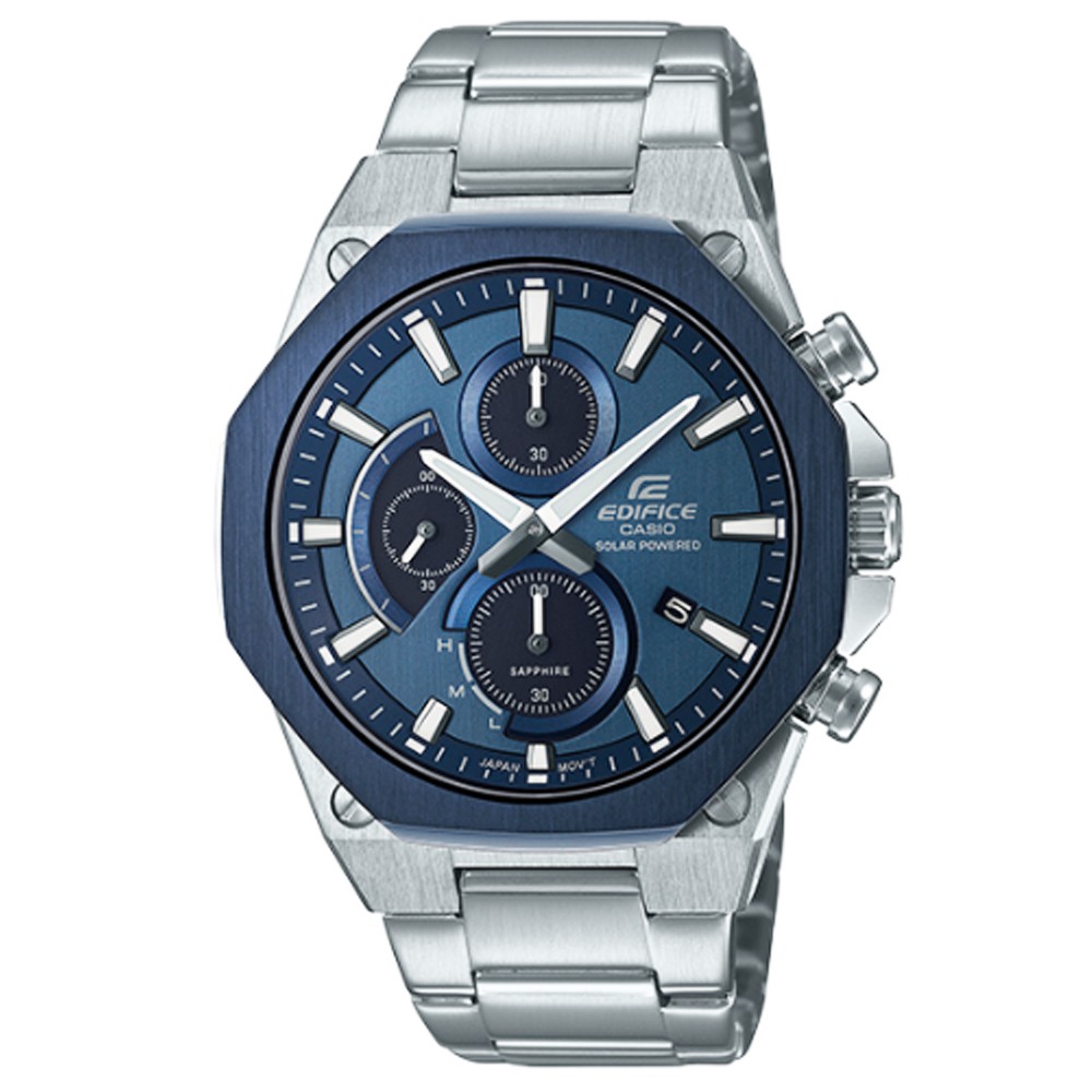 【CASIO】卡西歐 EDIFICE太陽能藍寶石三眼鋼帶錶-藍 / EFS-S570DB-2A (台灣公司貨)