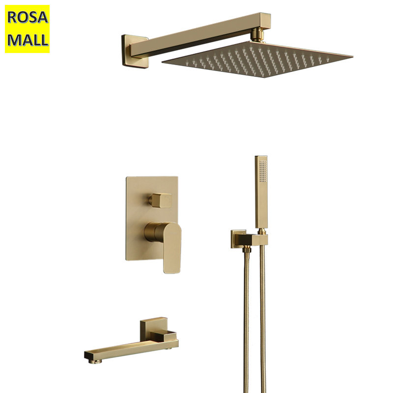 Rosa Mall 浴室淋浴套裝拉絲金色方形雨淋式淋浴龍頭牆壁或天花板壁掛式淋浴龍頭 8-12 英寸淋浴頭