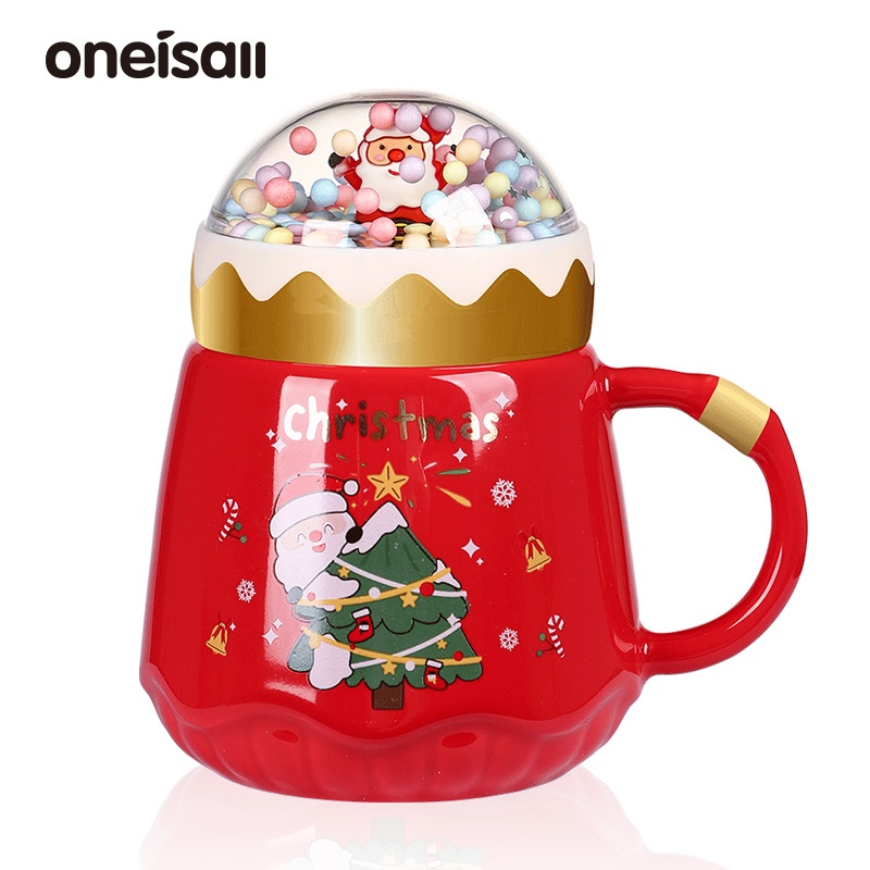 ONEISALL 420ml 聖誕節日陶瓷馬克杯 帶蓋帶勺喝水杯 辦公室家用 可愛卡通造型
