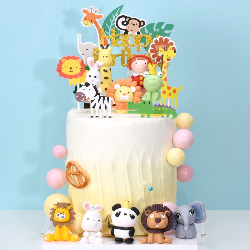 【現貨】3D野生動物主題蛋糕裝飾品   生日派對叢林野生動物蛋糕擺件 獅子老虎公仔軟粘土蛋糕插件