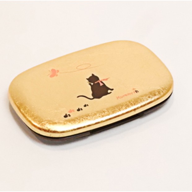 日本 金箔漆器 可愛 小黑貓 手鏡（小判）