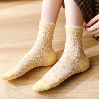 日系花朵襪 女襪 可愛刺綉雛菊中筒襪 夏季薄款水晶襪 蕾絲邊松口透氣絲襪