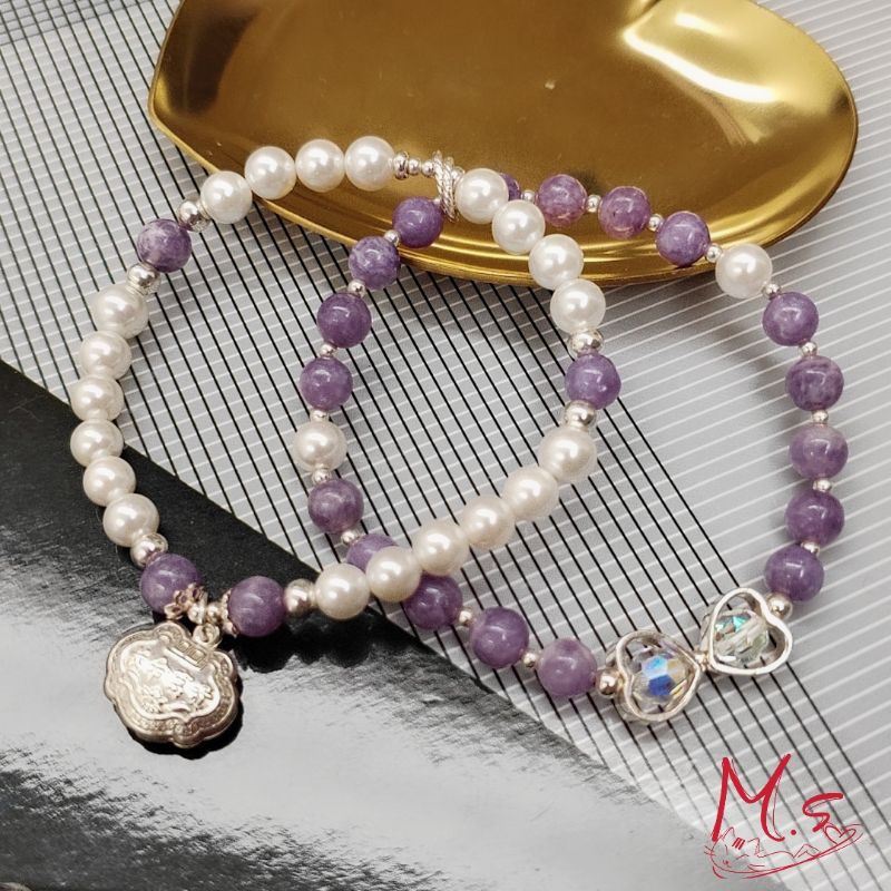 【純銀•設計】紫碧璽+硨磲珍珠+思華洛 長命富貴雙環手鍊