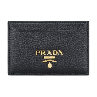 PRADA Vitello金字LOGO荔枝紋牛皮開放卡片夾(黑)