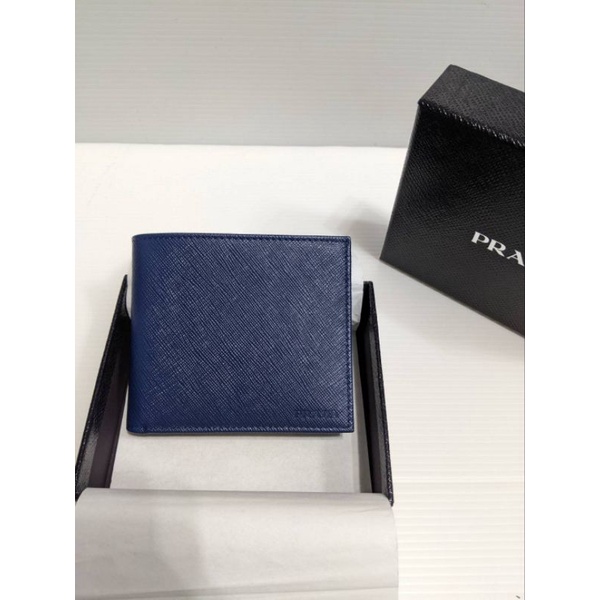 『BAN'S SHOP』Prada 深藍色 真皮 十字紋皮夾 零錢袋款 義大利製 保證真品 有專櫃禮盒 全新