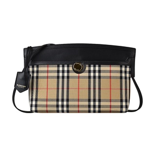 BURBERRY VINTAGE金字壓印LOGO格紋帆布扣式手提肩揹包(典藏米x棕)