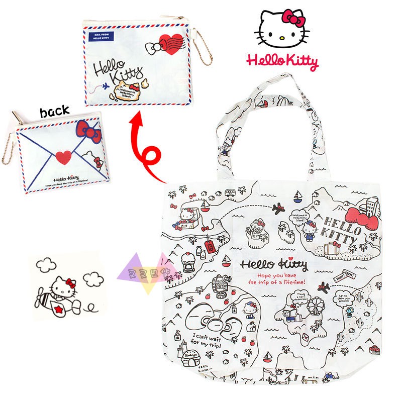 叉叉日貨 Hello Kitty旅行系列凱蒂貓航空信封白色環保摺疊購物袋收納袋手提袋 日本正版【KT18271】