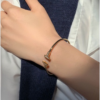 時尚經典手環（帶鑽款）雙T開口不分手圍 鈦鋼鍍18K玫瑰金/金色/銀色  金屬手環 水鑽手環 字母情侶手環