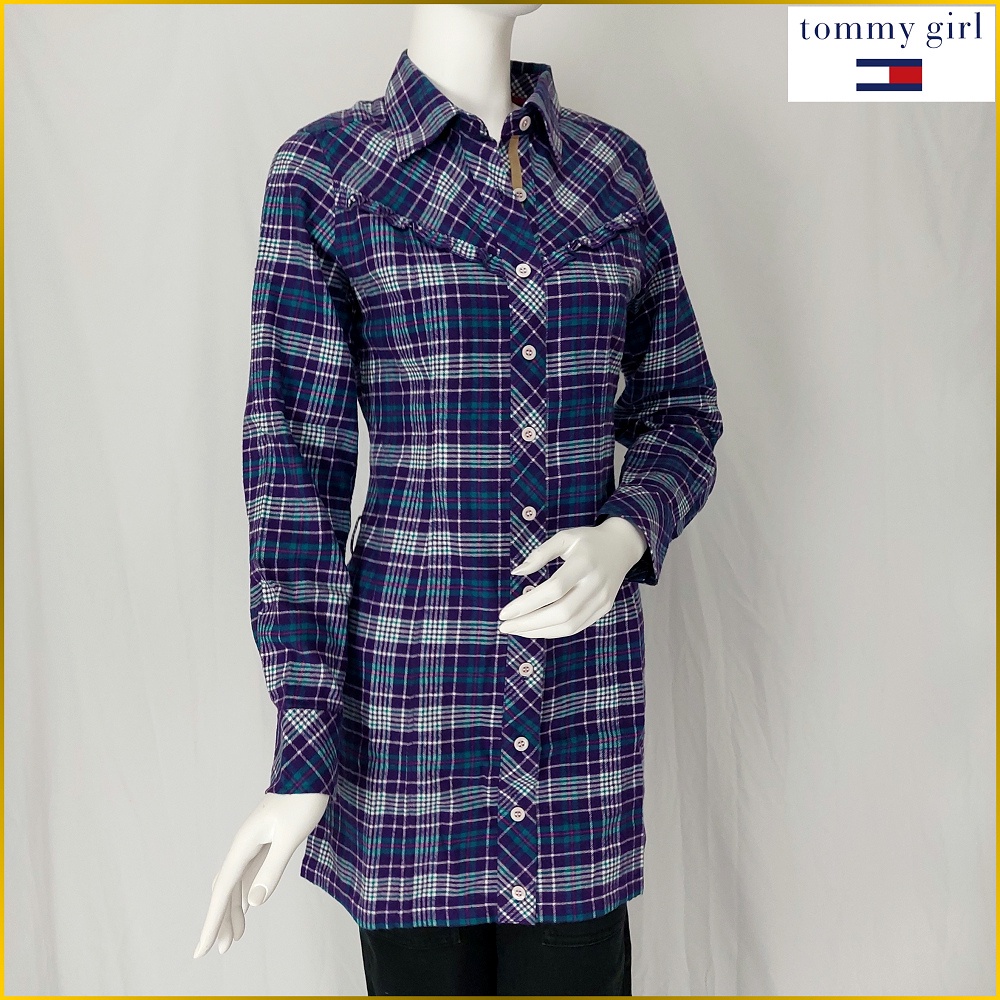 日本二手衣 Tommy Girl 格紋襯衫近新品女s号長版襯衫開衫薄外套tommy 格子襯衫外套a329 蝦皮購物