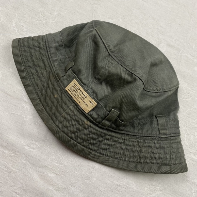 古著 美品老帽 GIORDANO 早期臺灣製 印標 軍風 軍綠色 軟布 斜紋布 素面漁夫帽