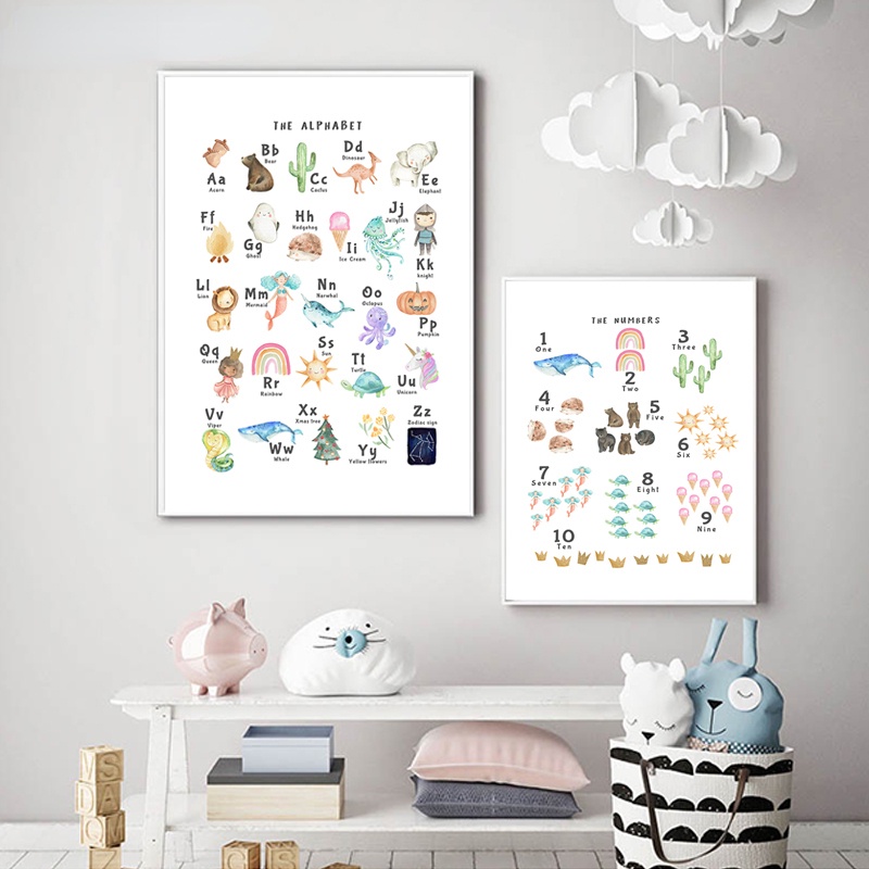 數字版畫 ABC 字母海報大型字母牆藝術教育帆布版畫兒童遊戲室圖片嬰兒房裝飾