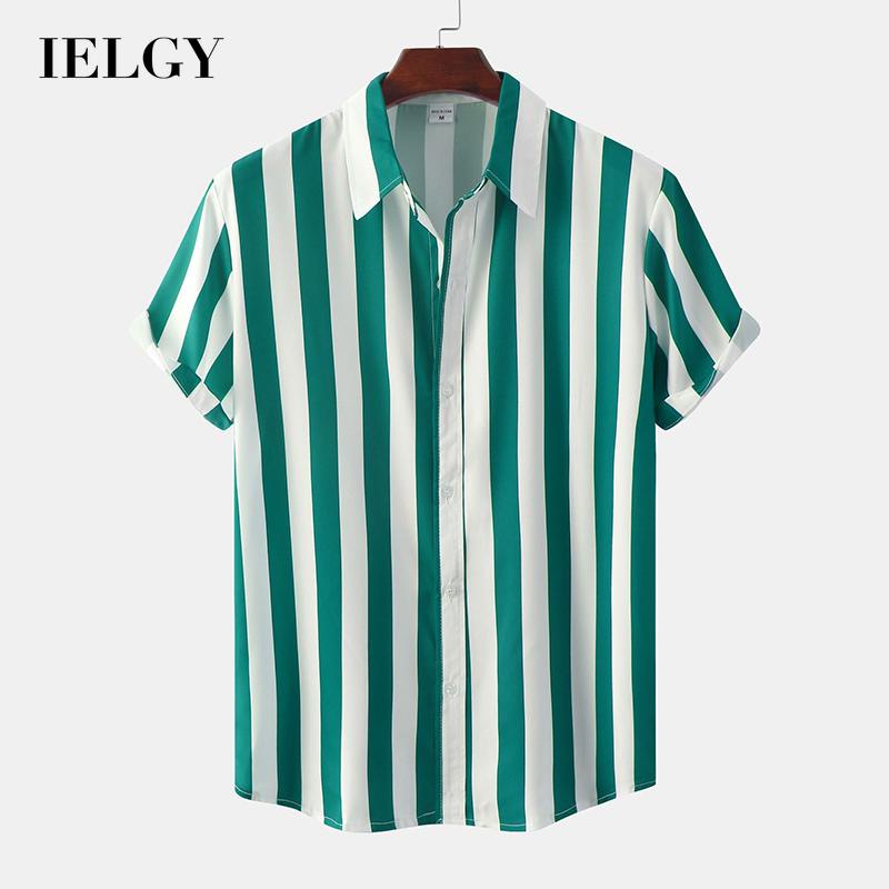 IELGY 男式韓版綠色條紋polo領短袖襯衫