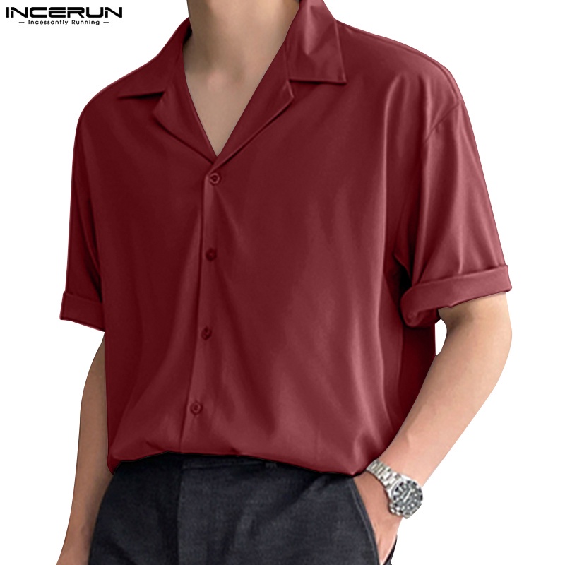 Incerun 男士夏季 5 色短袖條紋翻領鈕扣襯衫