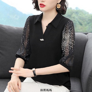 中年媽媽早春裝年新款七分袖雪紡衫 女士襯衫 中袖寬松網紗上衣