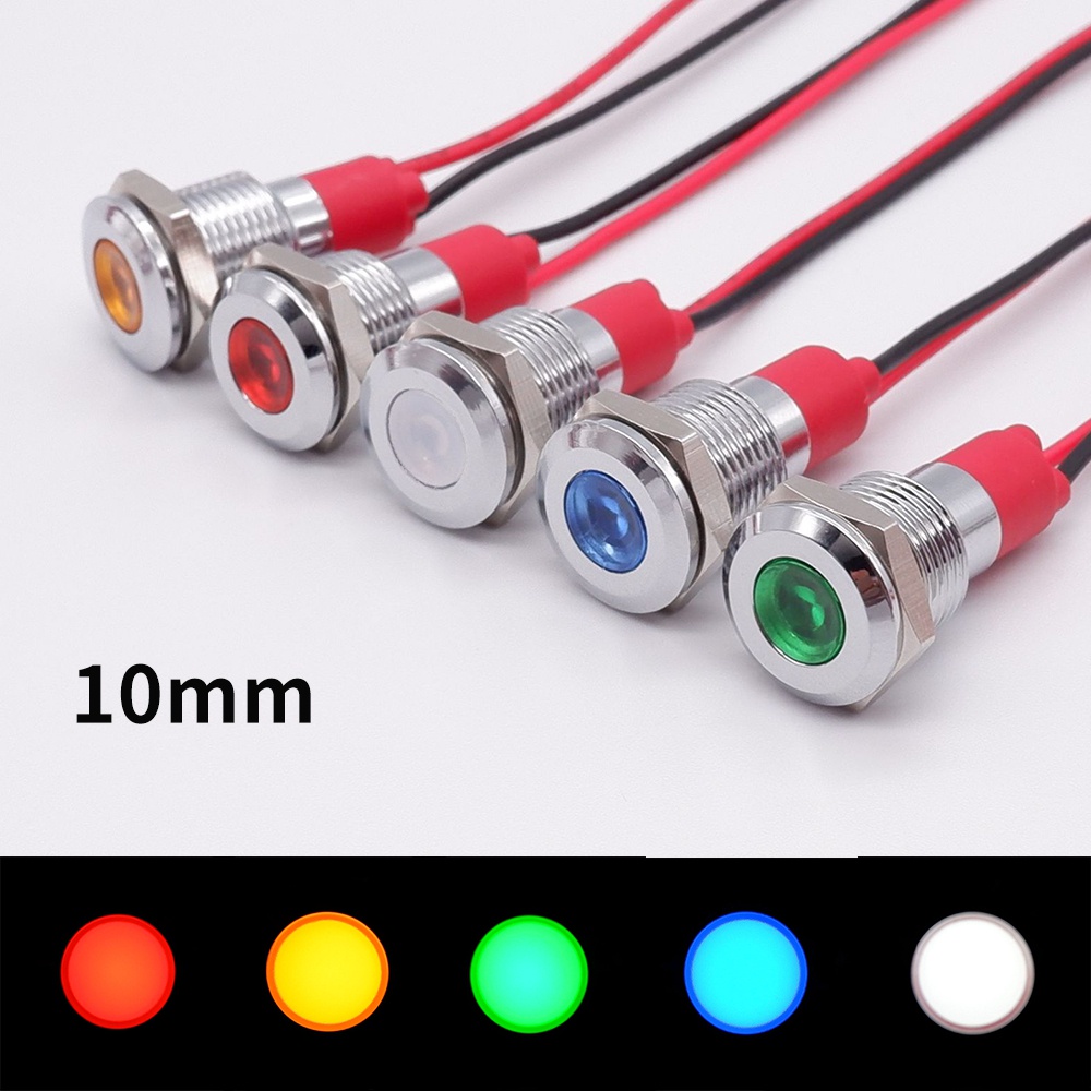 10mm金屬指示燈 LED防水信號燈 小型高亮工作燈 3V 6V 12V 24V 110V 220V 帶線 紅橙藍綠白
