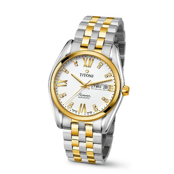 TITONI 瑞士梅花錶 93709SY-385 空中霸王雙色雙日曆機械腕錶/白面 40mm