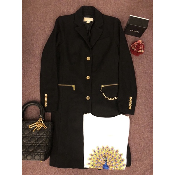 美國品牌 Michael kors黑色 金鍊 金拉鍊造型 挺版 長外套 大衣