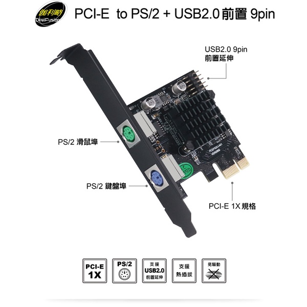 伽利略 PCI-E to PS/2+USB2.0 前置9pin 轉接卡(PEISLR4)