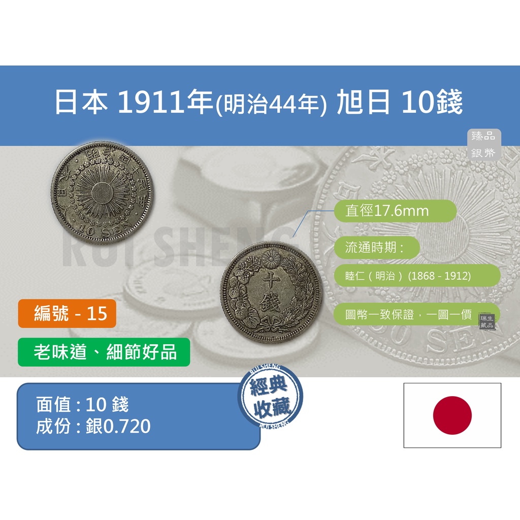 (銀幣-流通品) 亞洲 日本 1911年(明治44年) 日本龍銀 旭日10錢銀幣-細節好品 歷史收藏 (15)