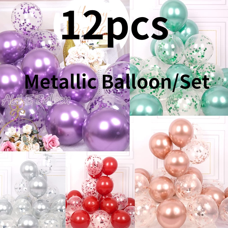 12 件/12 英寸高品質金屬鉻熱氣球五彩紙屑乳膠氦氣球套裝派對裝飾