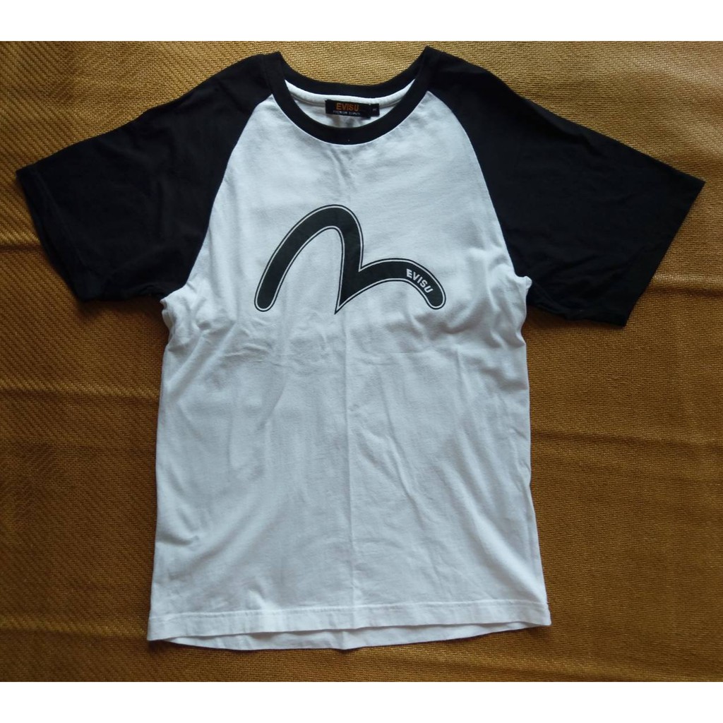 日本潮牌 EVISU 福神 二手 韓版 白衣 黑袖 連袖 純棉 短袖 T恤 95號