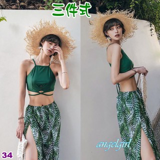 小白代購/42吋臀圍韓版民俗風椰葉圖騰交叉綁脖泳衣三件式泳裝/波希米亞泳裝浪漫雪紡紗褲裙泳衣