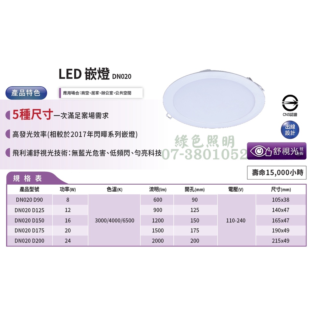 綠色照明 ☆ 飛利浦 PHILIPS ☆ LED 24W 崁孔20公分 DN020 超薄 高效能 崁燈燈具 節能省電