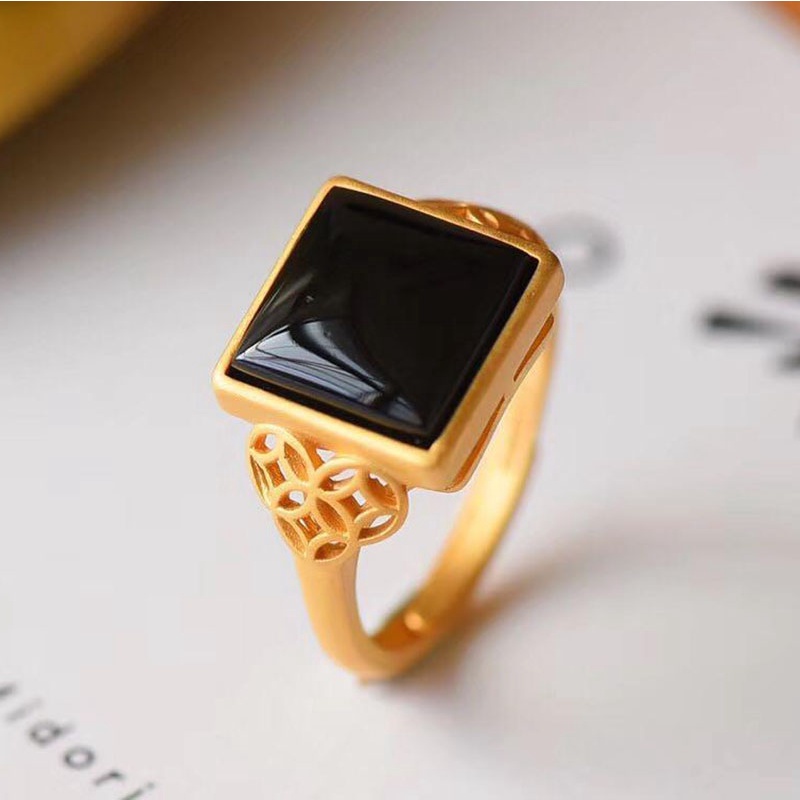 天然黑瑪瑙墨玉 925 銀戒指女士首飾韓國時尚情侶戒指復古禮物送給女朋友