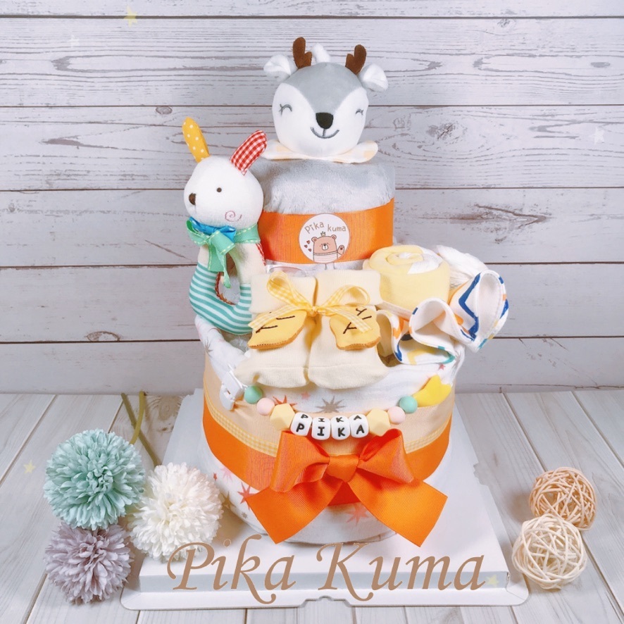 【Pika Kuma】橘子汽水斑比鹿-尿布蛋糕、奶嘴鍊、滿月禮、彌月禮、生日禮、幫寶適