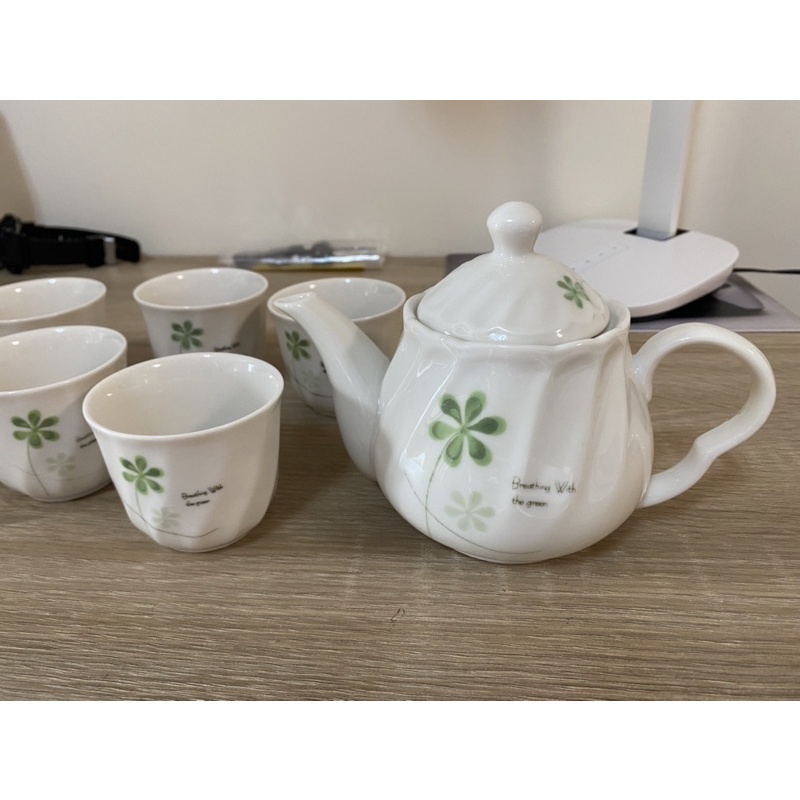 （全新）美濃窯特白五件組茶杯 幸運草圖案杯壺組 午茶瓷器組 泡茶組 花茶組