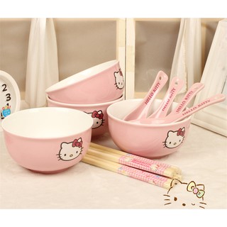 可愛helloKitty色釉陶瓷碗粉紅凱蒂貓飯碗套裝4個裝
