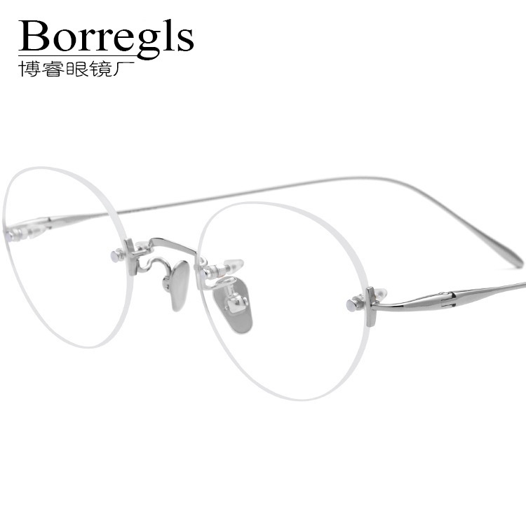 超輕無框純鈦眼鏡框男B鈦復古圓形眼鏡架女配近視IP電鍍品質博睿眼鏡Borregls