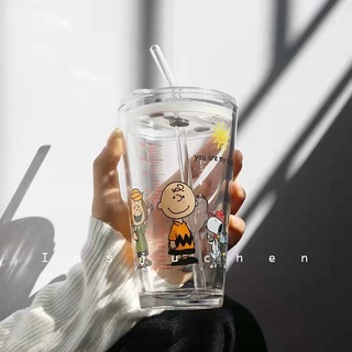 史努比玻璃杯 可愛 卡通 查理 玻璃杯 牛奶杯 果汁杯 耐熱杯子 環保杯刻度杯 水杯 玻璃水壺 杯子隨行吸管杯咖啡
