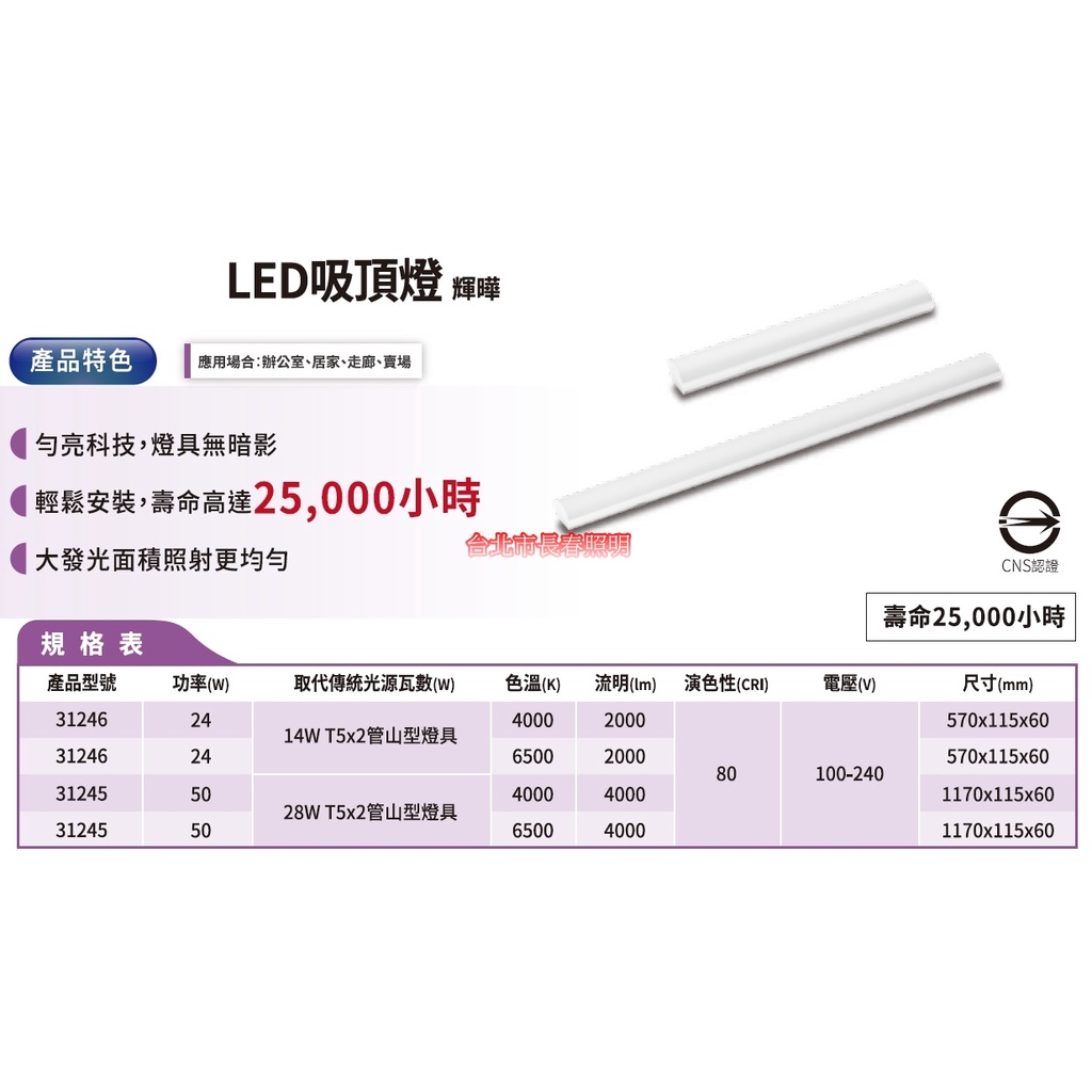 台北市長春路 飛利浦 PHILIPS LED吸頂燈 輝曄 31246 2尺 24W 31245 4尺 50W 全電壓