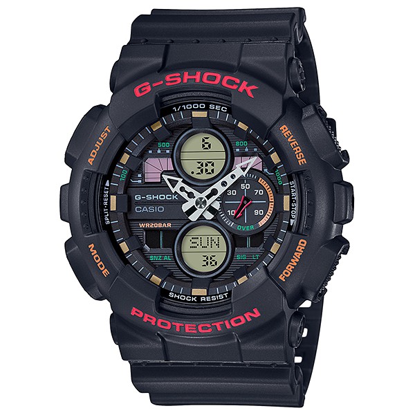 【CASIO】G-SHOCK 復古音響概念防磁大錶徑雙顯錶-黑X多彩 GA-140-1A4 台灣卡西歐保固一年