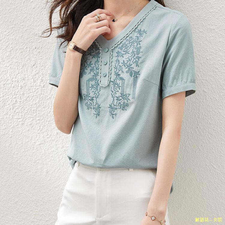 解語花 女裝 現貨21夏季新款輕民族文藝氣質迷人v領襯衫女繡花重工藝上衣 蝦皮購物