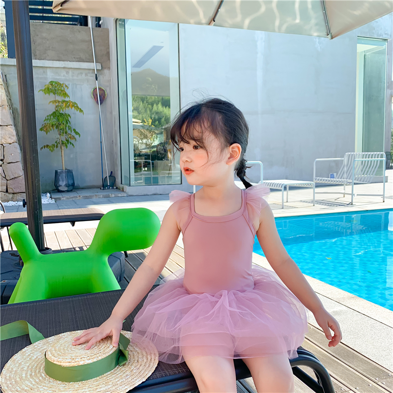 🌼兒童連身泳裝 泳衣 兒童泳衣 2021夏裝新款韓版女童連體公主裙中小童粉色紗裙可愛泳裝 寶寶 連身泳衣