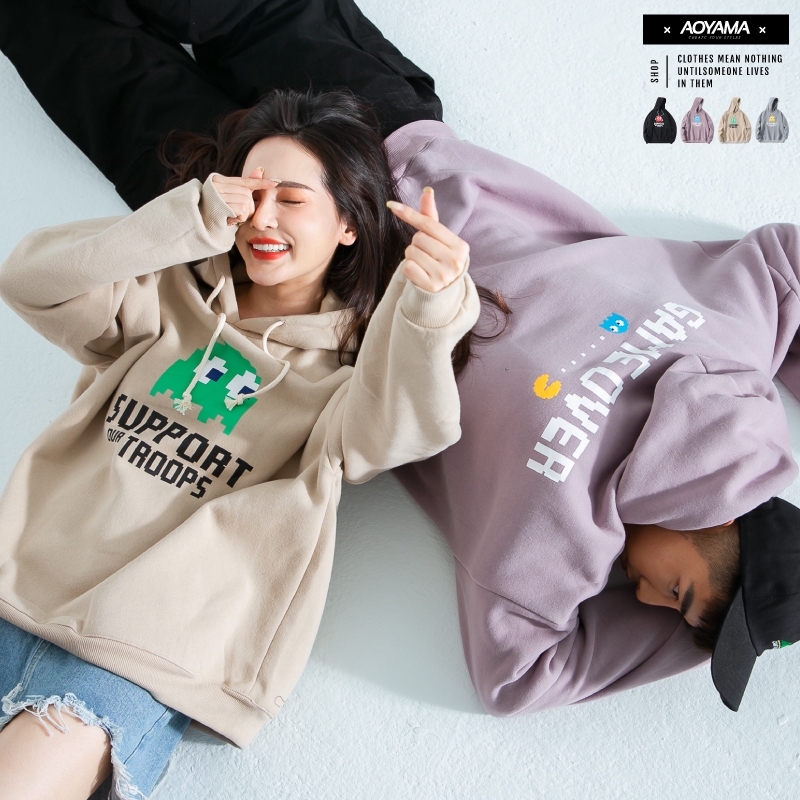 AOYAMA 小精靈翻玩 oversize 寬鬆落肩600磅情侶帽T【A88978】帽T 重磅 大學T 保暖 刷毛 青山