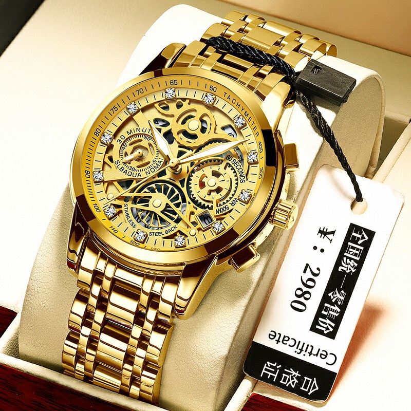 Ontheedge 男士手錶防水不銹鋼 Unisilver/Gold 商務日月星多功能日曆時尚手錶