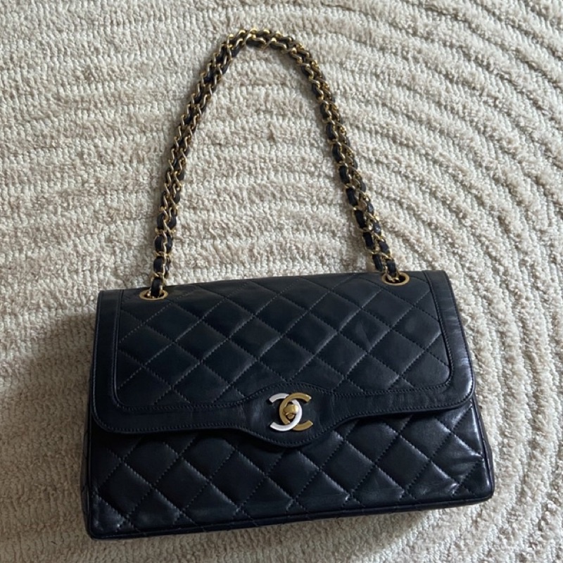 中古美品 稀有法國巴黎限定金銀雙色logo Chanel vintage經典雙蓋classic flap cp雙鍊老香包