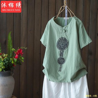 解語花 女裝 現貨3色純棉夏季新款復古盤扣上衣t恤文藝民族風短袖上衣寬松漢服上衣女 蝦皮購物