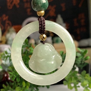 天然緬甸玉A貨翡翠 冰種 果綠 雪花棉 甜圈 平安扣+彌勒佛 佛公 站佛 吊墜H135