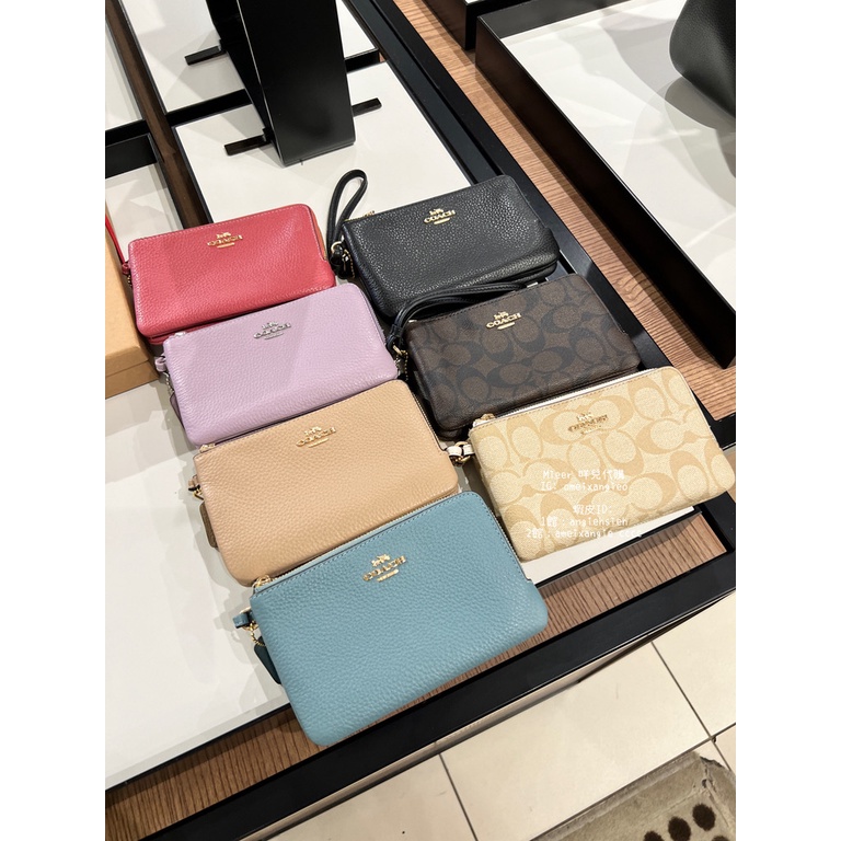 咩兒美國代購💗Coach 經典PVC logo/ 荔枝皮革雙層拉鍊手拿包 新色：淺粉，乾燥玫瑰色