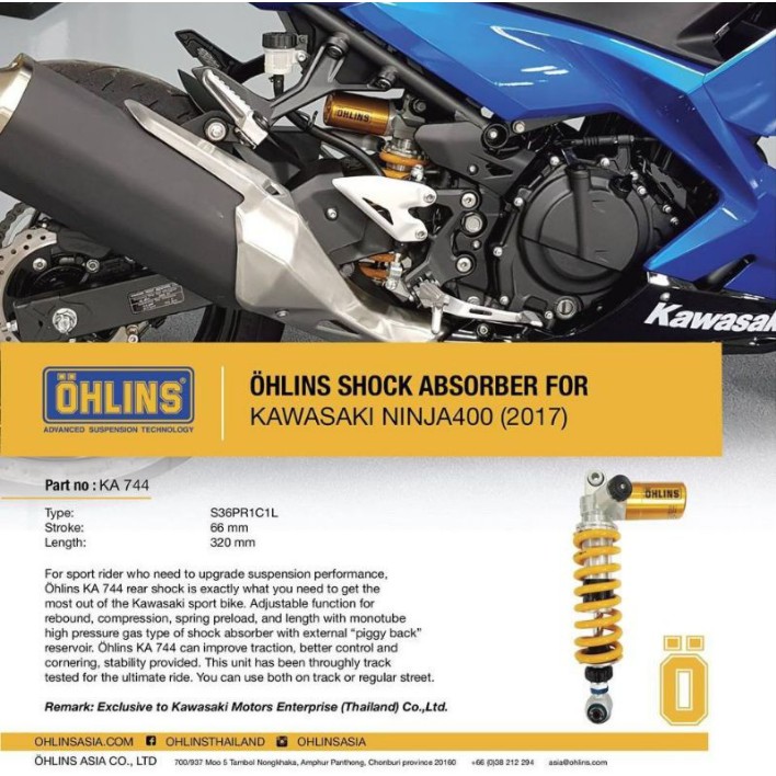 『YX』OHLINS KA744 KAWASAKI 川崎 NINJA 400/忍者400/忍400 氣瓶/伸側/壓側可調